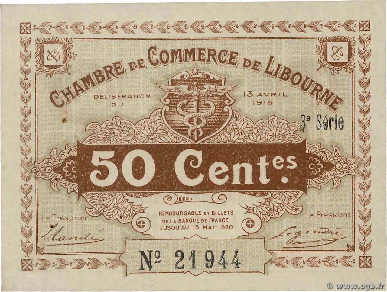 50 Centimes FRANCE régionalisme et divers Libourne 1915 JP.072.15 SUP