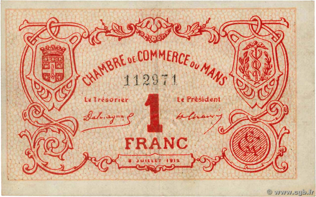 1 Franc FRANCE régionalisme et divers Le Mans 1915 JP.069.05 TTB