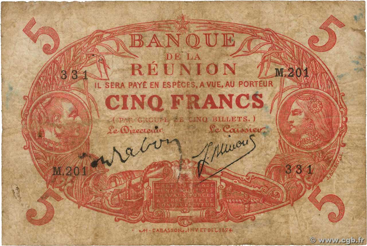 5 Francs Cabasson rouge ISLA DE LA REUNIóN  1944 P.14 MC