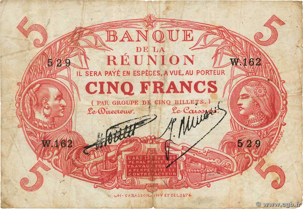 5 Francs Cabasson rouge ÎLE DE LA RÉUNION  1938 P.14 pr.TB