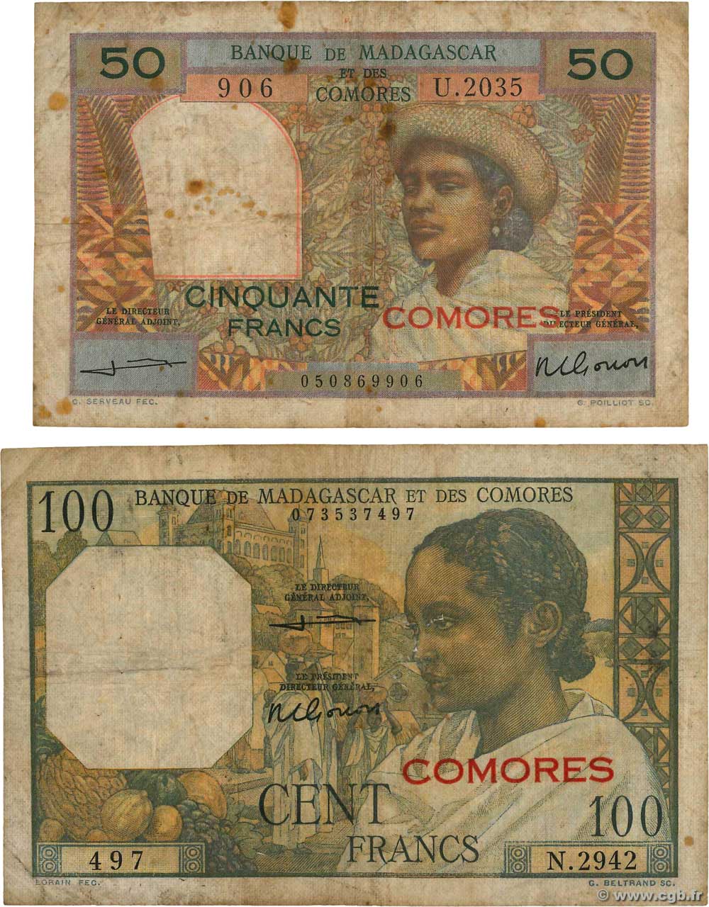 50 et 100 Francs Lot KOMOREN  1960 P.02b2 et P.03b SGE