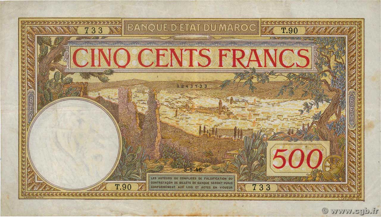 500 Francs MAROCCO  1946 P.15b q.BB
