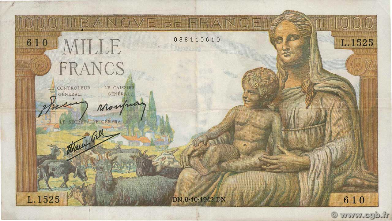 1000 Francs DÉESSE DÉMÉTER FRANCE  1942 F.40.08 VF-