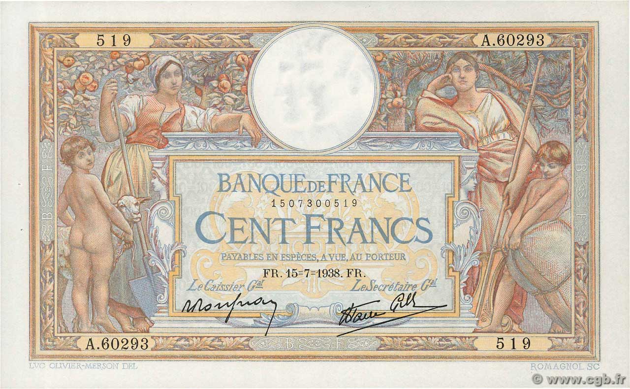100 Francs LUC OLIVIER MERSON type modifié FRANCIA  1938 F.25.26 SPL+