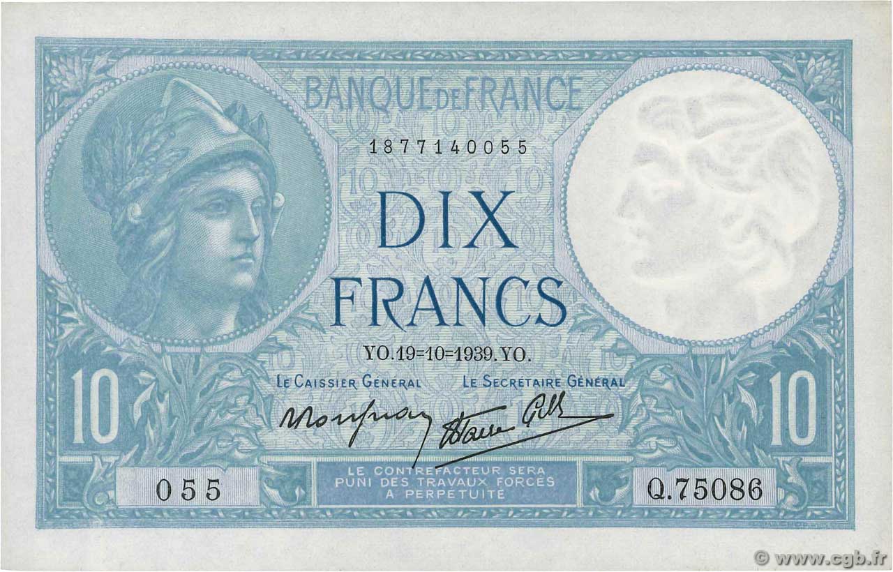 10 Francs MINERVE modifié FRANCIA  1939 F.07.12 EBC