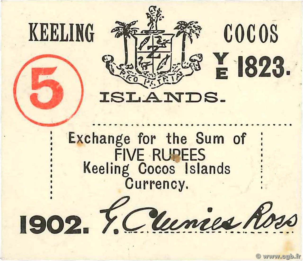 5 Rupee ISOLE KEELING COCOS  1902 PS.128 SPL a AU