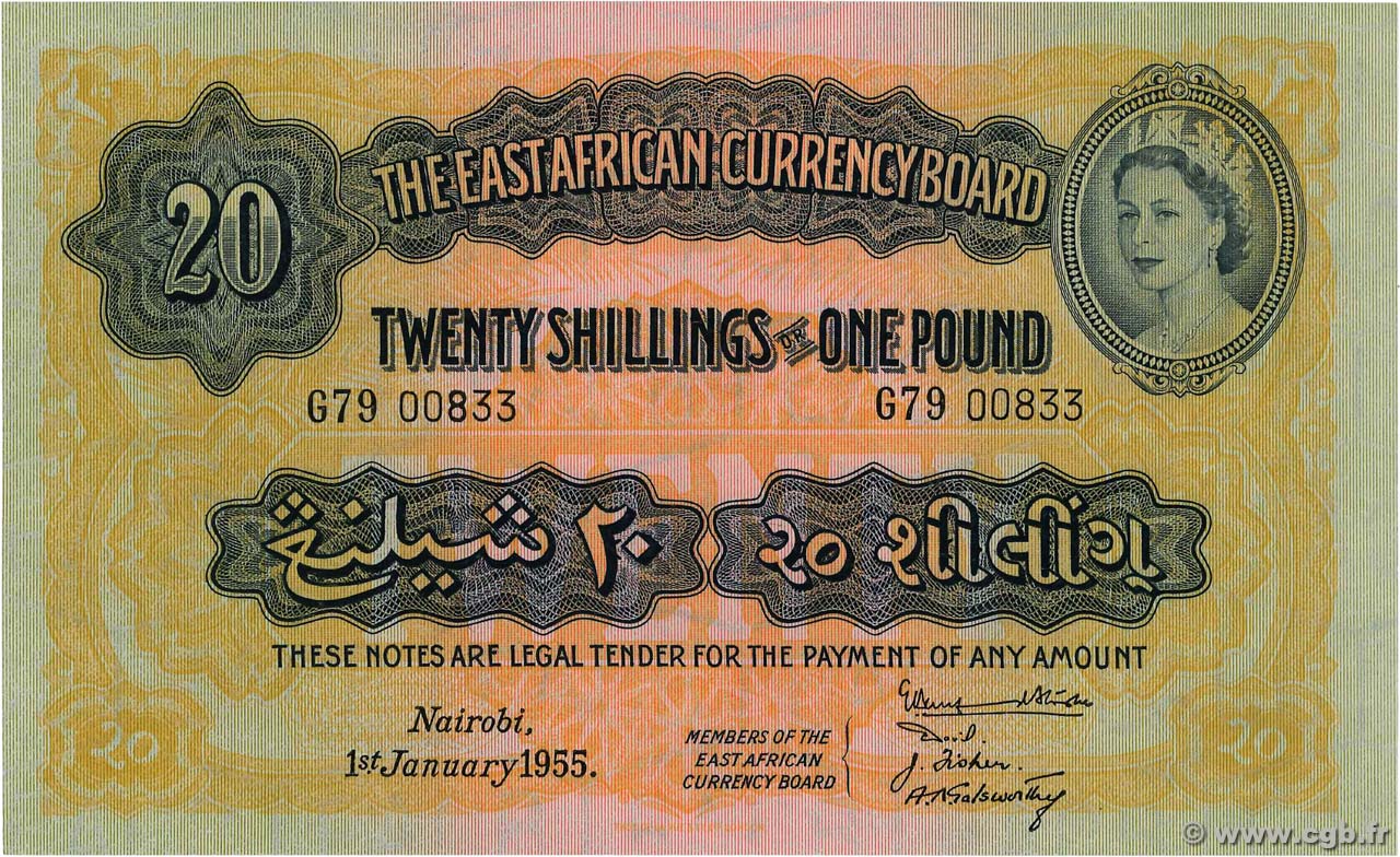 20 Shillings - 1 Pound AFRICA DI L EST BRITANNICA   1955 P.35 SPL+