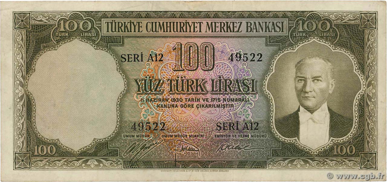 100 Lira TURQUIE  1952 P.167a TTB