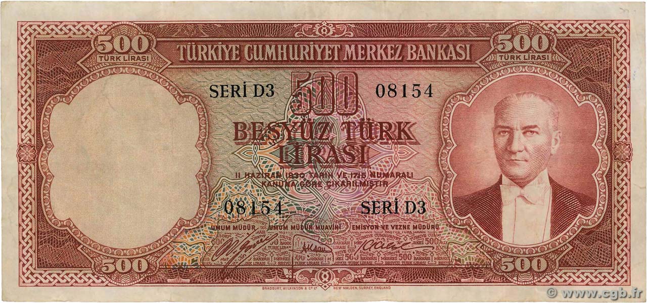 500 Lira TURCHIA  1953 P.170a BB
