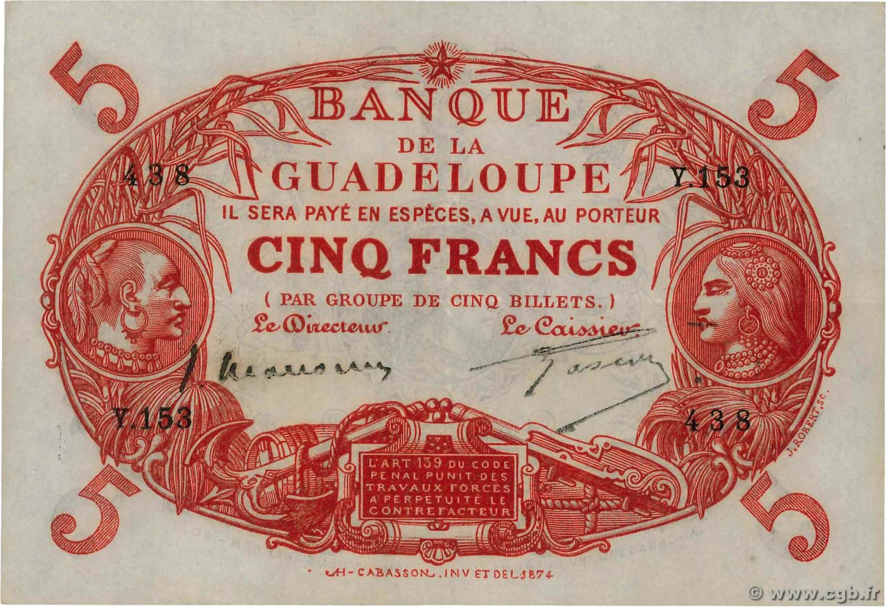 5 Francs Cabasson rouge GUADELOUPE  1934 P.07c XF