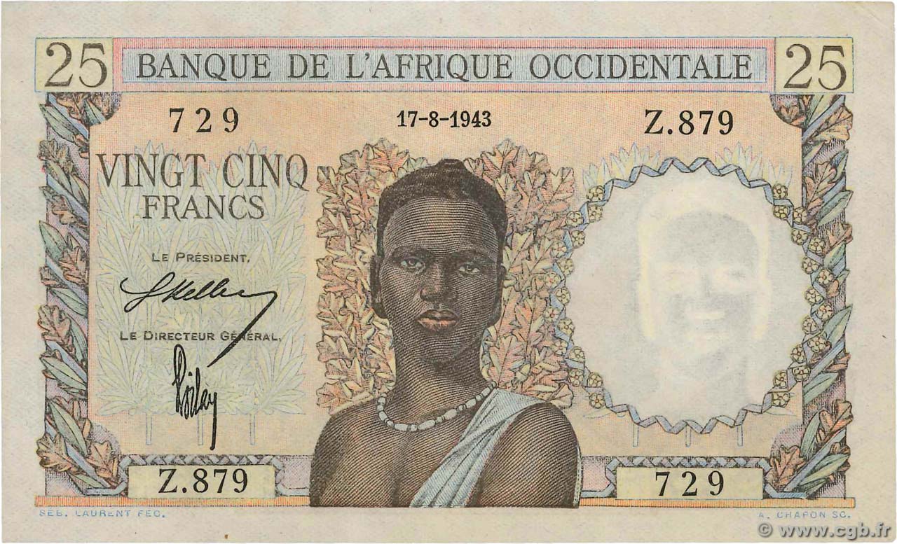 25 Francs FRENCH WEST AFRICA  1943 P.38 q.AU