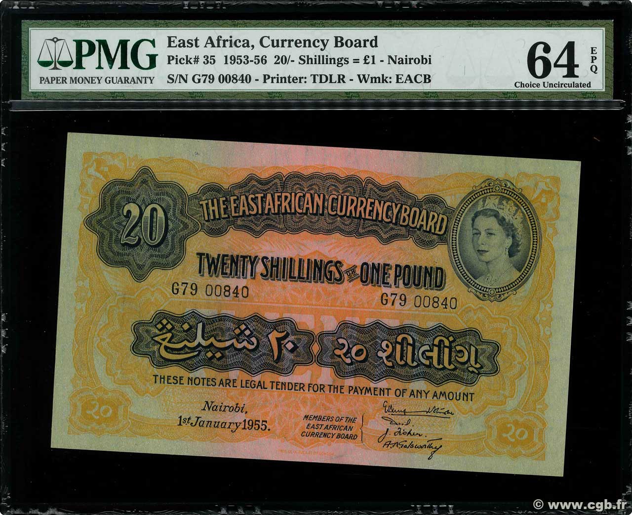 20 Shillings - 1 Pound AFRICA DI L EST BRITANNICA   1955 P.35 SPL+