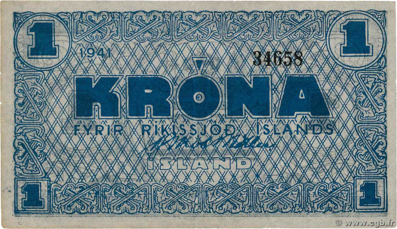 1 Krona ICELAND  1941 P.22h VF