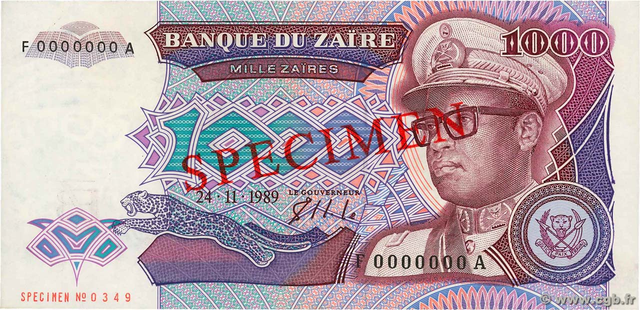 1000 Zaïres Spécimen ZAIRE  1989 P.35s q.FDC