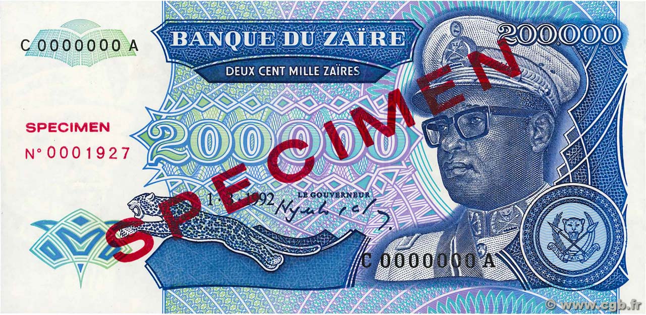 200000 Zaïres Spécimen ZAÏRE  1992 P.42s pr.NEUF