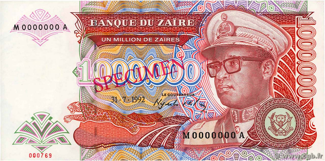 1000000 Zaïres Spécimen ZAIRE  1992 P.44s q.FDC