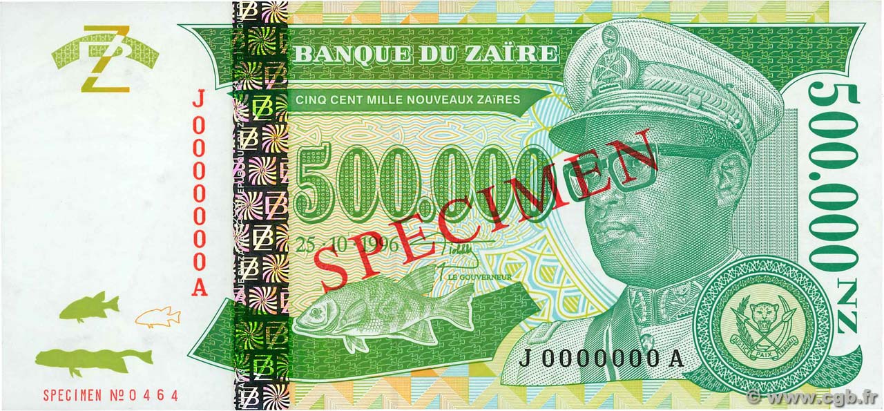 500000 Nouveaux Zaïres Spécimen ZAÏRE  1996 P.78s pr.NEUF