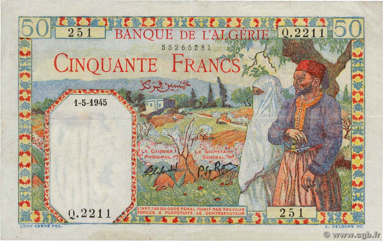 50 Francs ALGÉRIE  1945 P.087 TTB