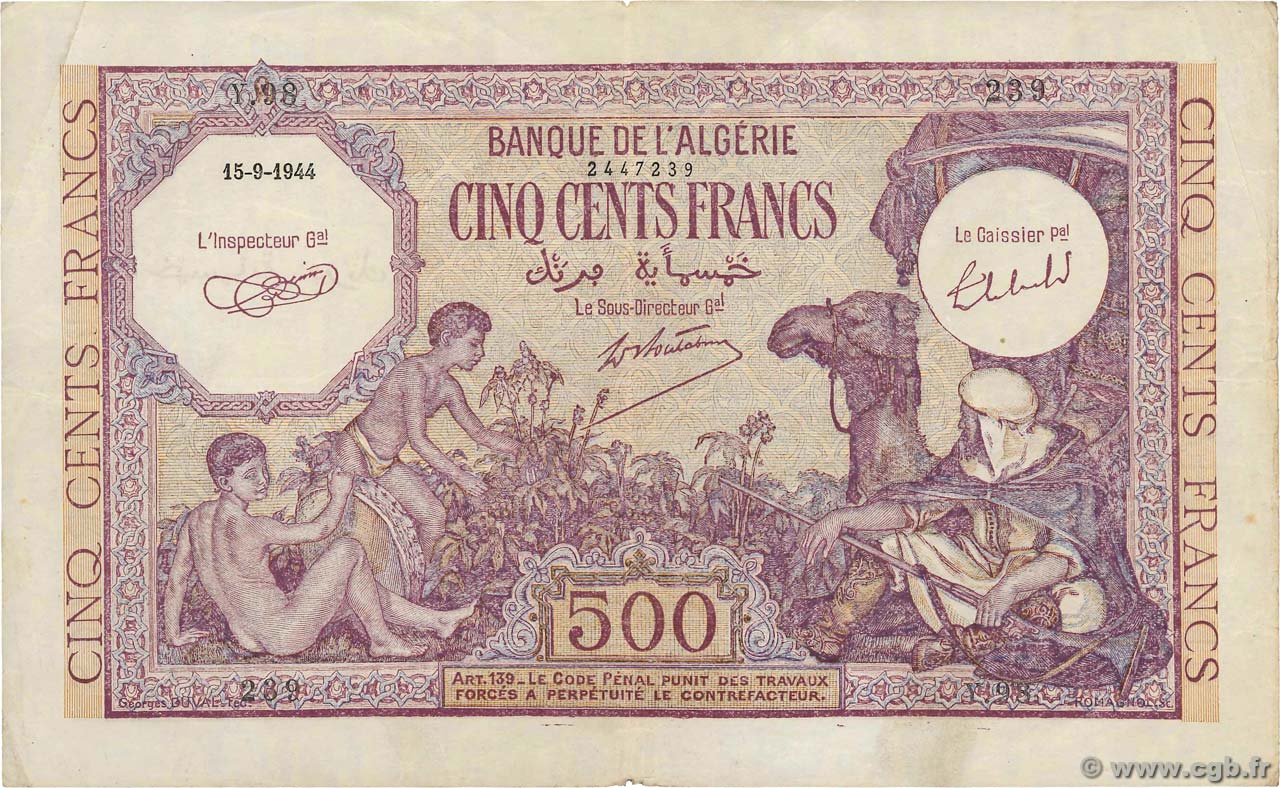 500 Francs ALGERIA  1944 P.095 BB