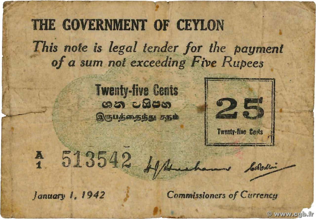 25 Cents CEYLAN  1942 P.040 B