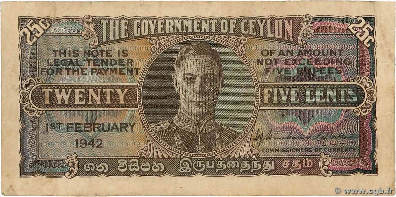 25 Cents CEYLON  1942 P.044a F