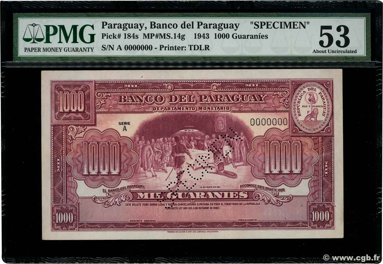 1000 Guaranies Spécimen PARAGUAY  1943 P.184s SUP