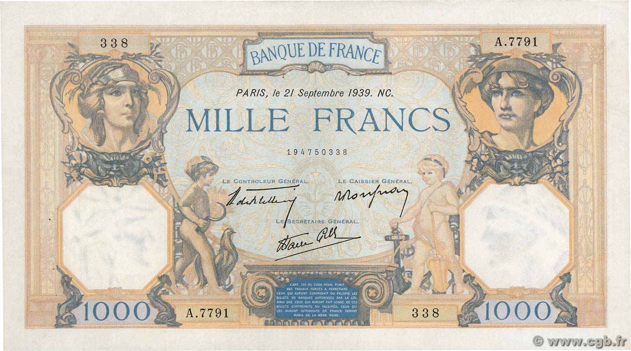1000 Francs CÉRÈS ET MERCURE type modifié FRANCE  1939 F.38.37 XF