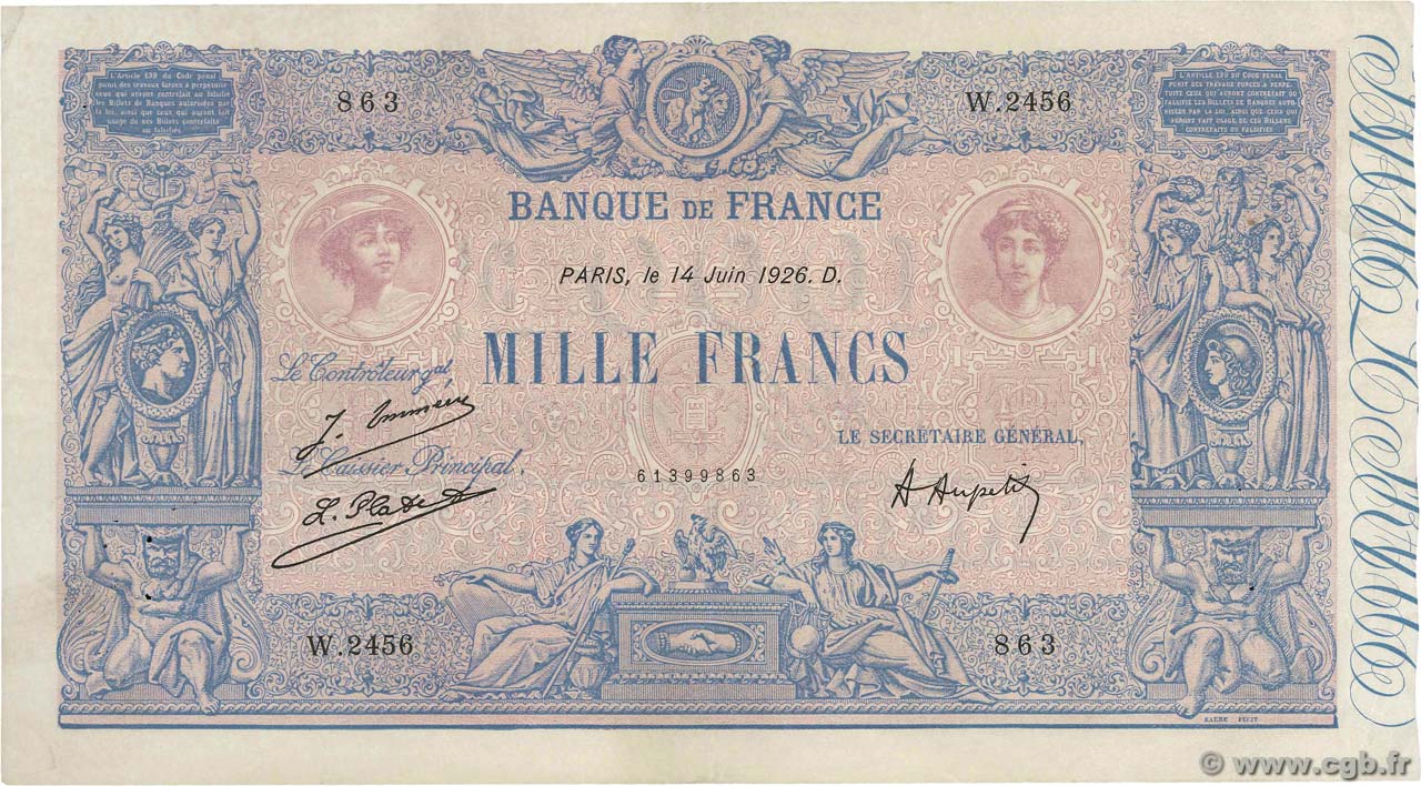 1000 Francs BLEU ET ROSE FRANCE  1926 F.36.42 VF+