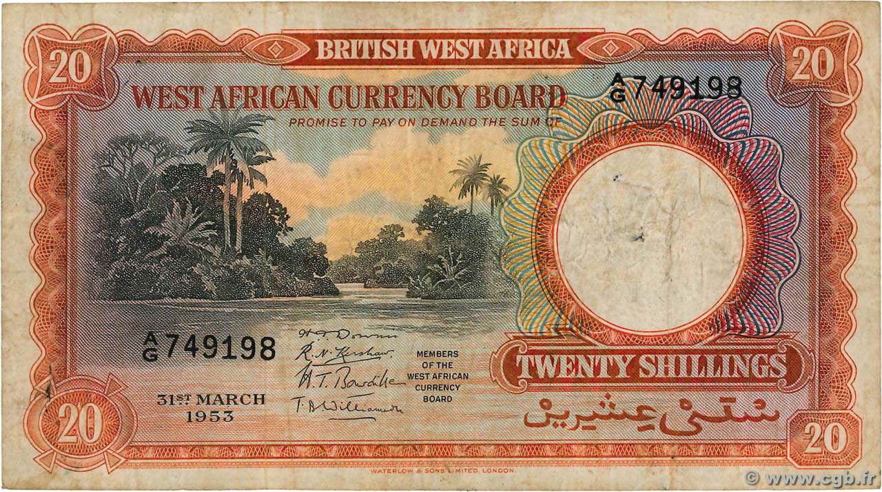 20 Shillings AFRICA DI L OVEST BRITANNICA  1953 P.10a MB