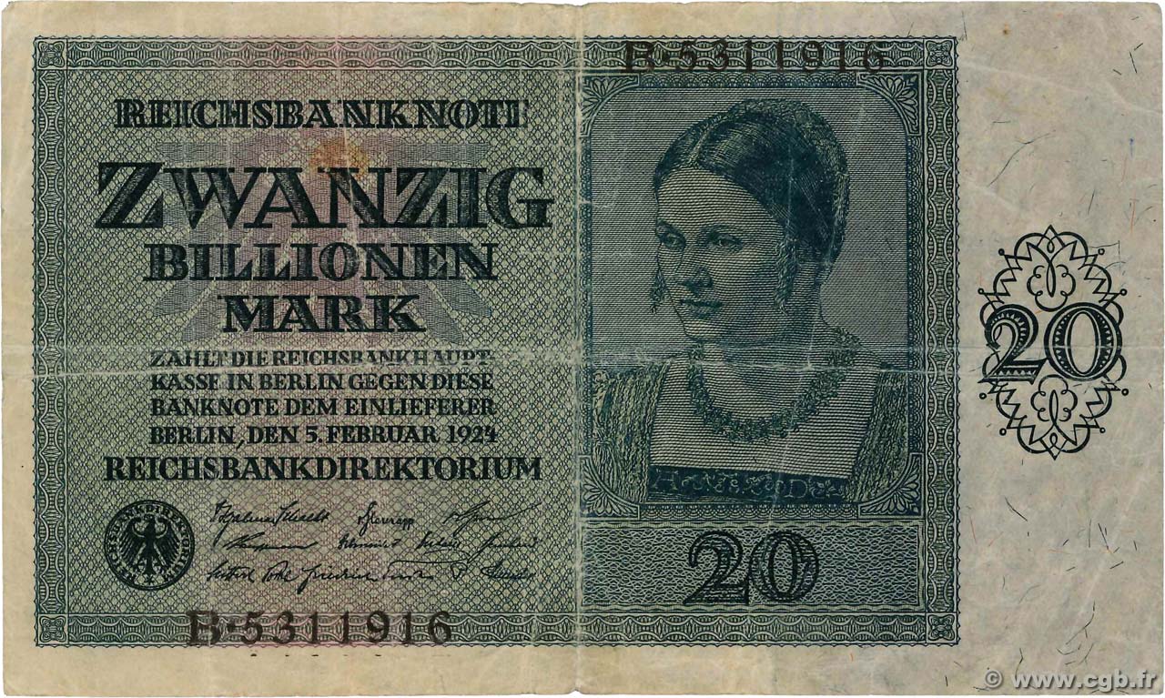 20 Billionen Mark GERMANY  1924 P.138 F