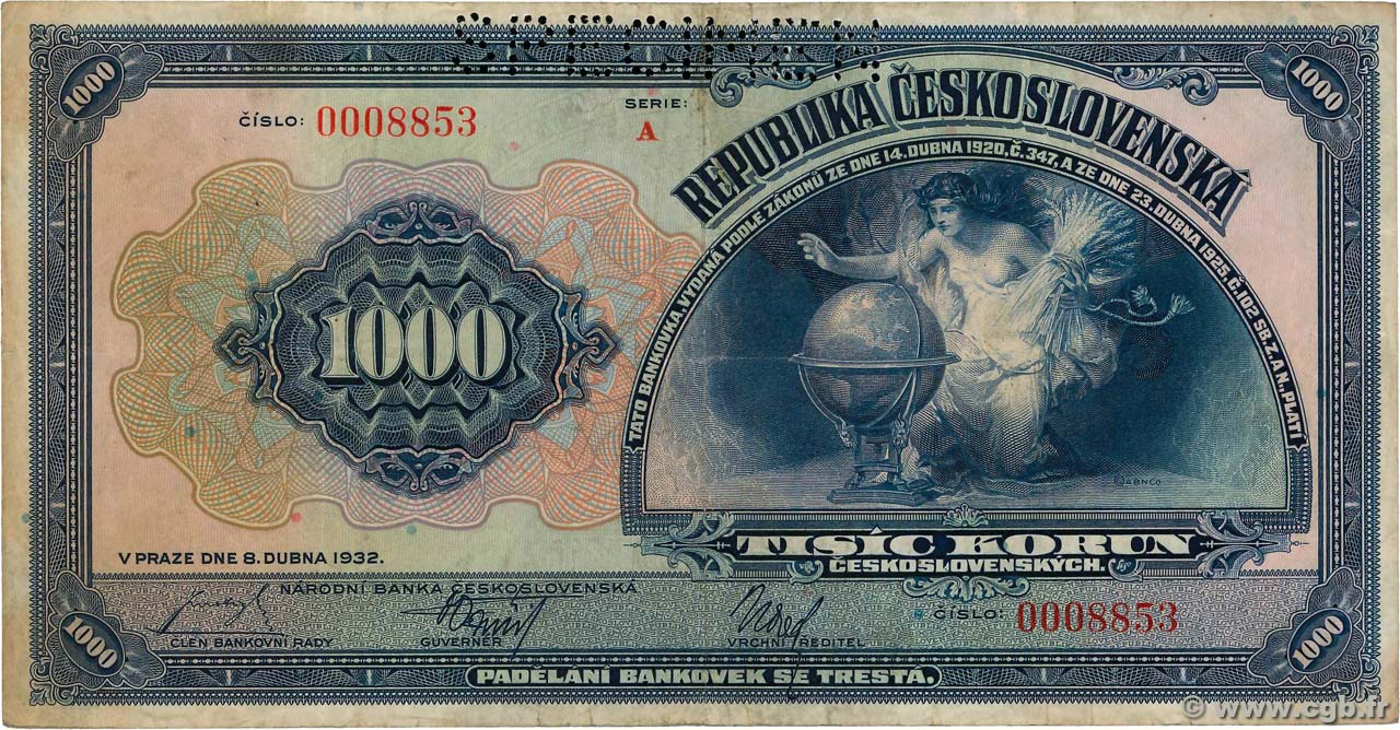 1000 Korun Spécimen CZECHOSLOVAKIA  1932 P.025s F