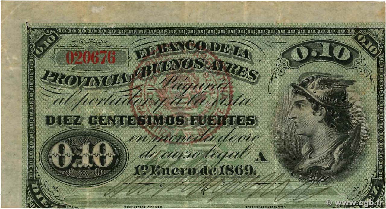 10 Centesimos Fuertes ARGENTINIEN  1869 PS.0501b SS