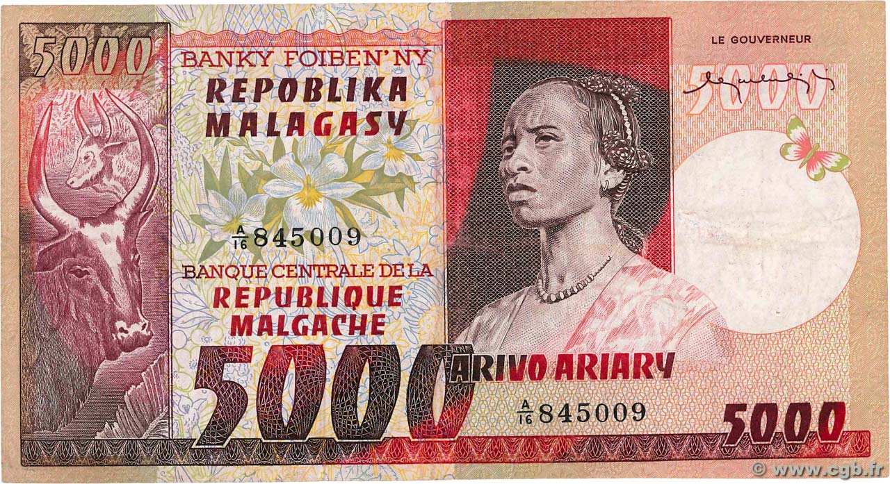 5000 Francs - 1000 Ariary MADAGASCAR  1974 P.066a VF