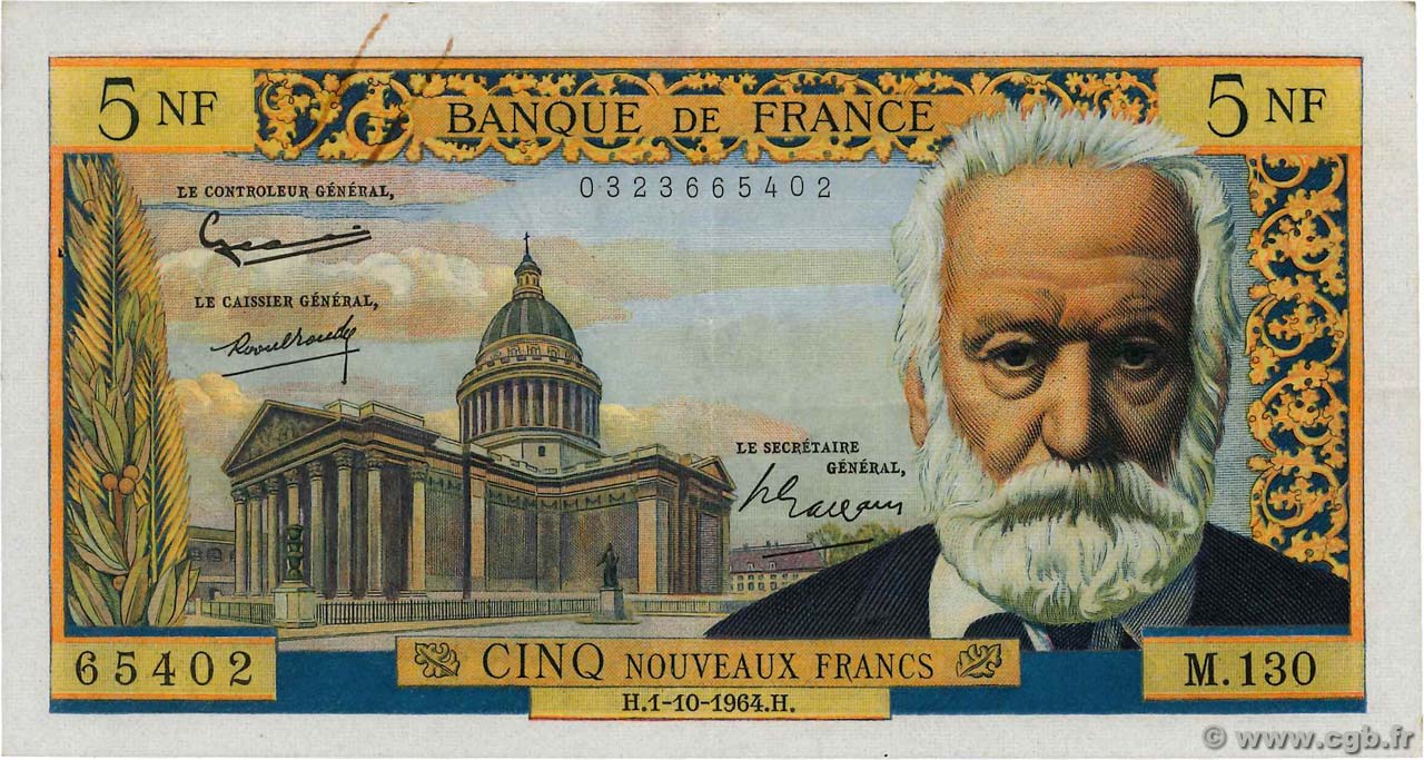 5 Nouveaux Francs VICTOR HUGO FRANCE  1964 F.56.16 VF