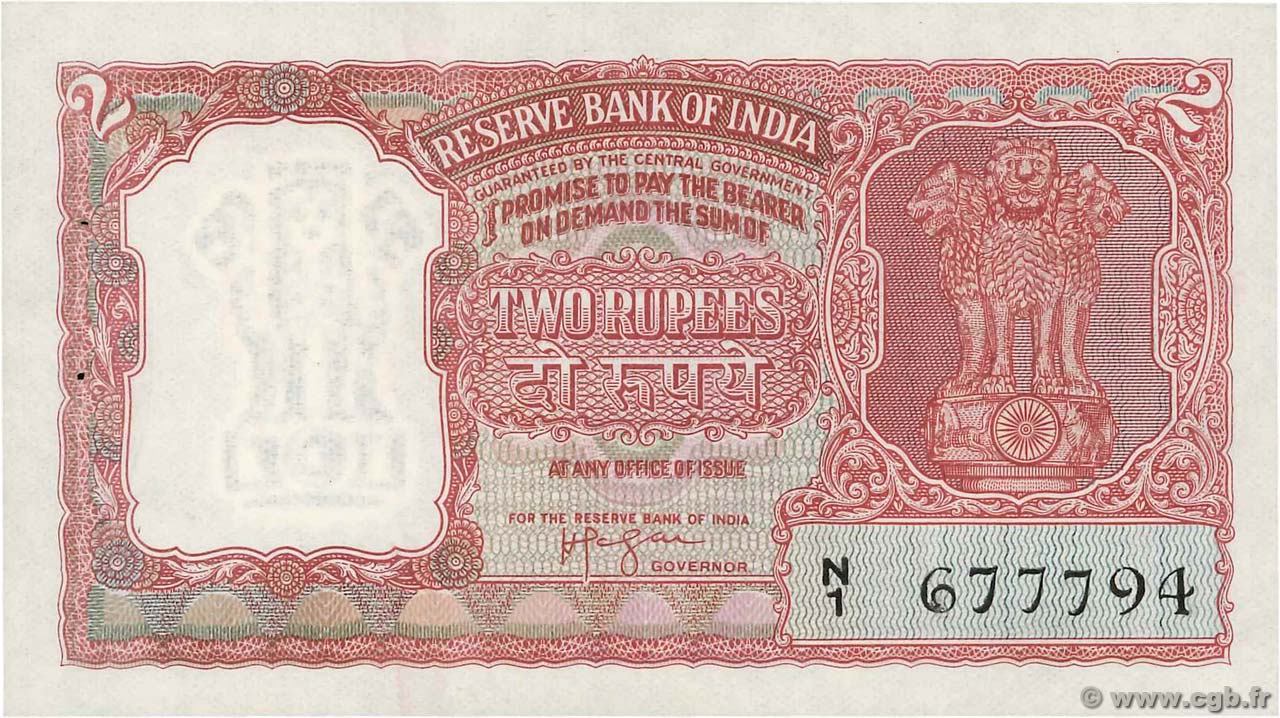 2 Rupees INDIA  1957 P.029b AU