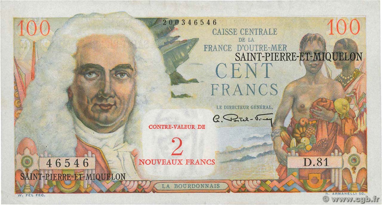 2 NF sur 100 Francs La Bourdonnais SAN PEDRO Y MIGUELóN  1960 P.32 MBC