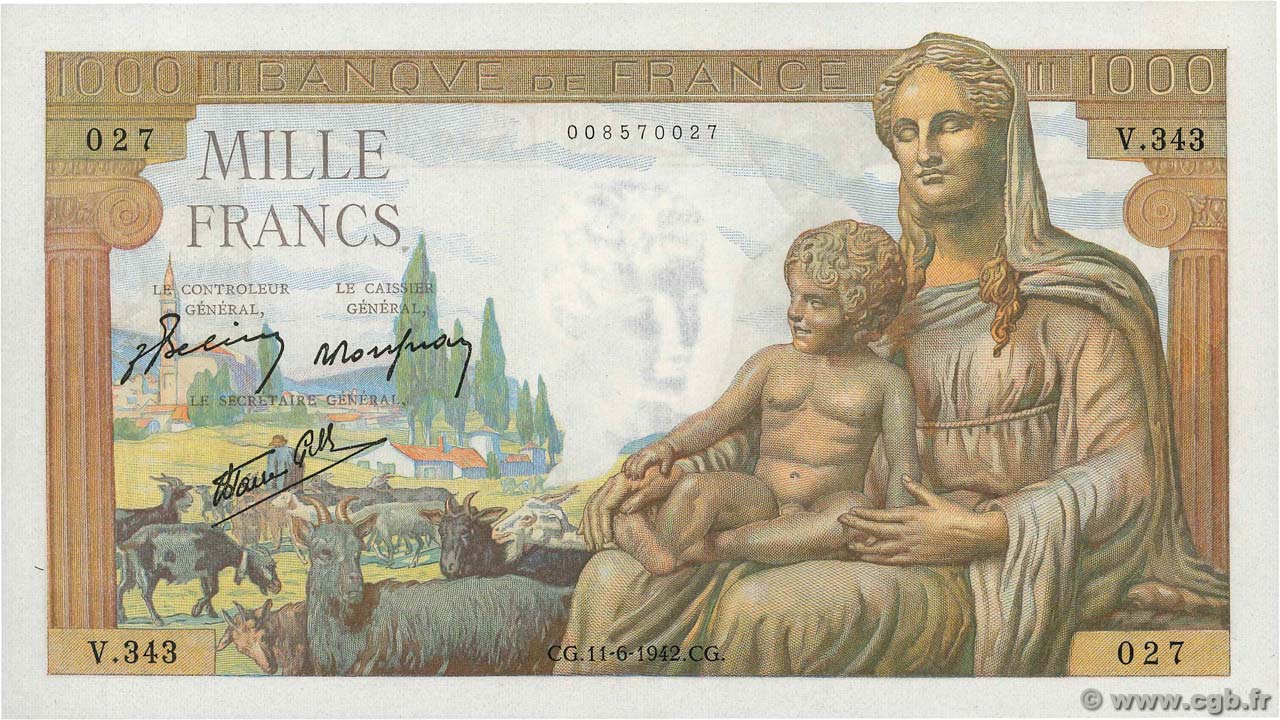 1000 Francs DÉESSE DÉMÉTER FRANCE  1942 F.40.02 pr.NEUF