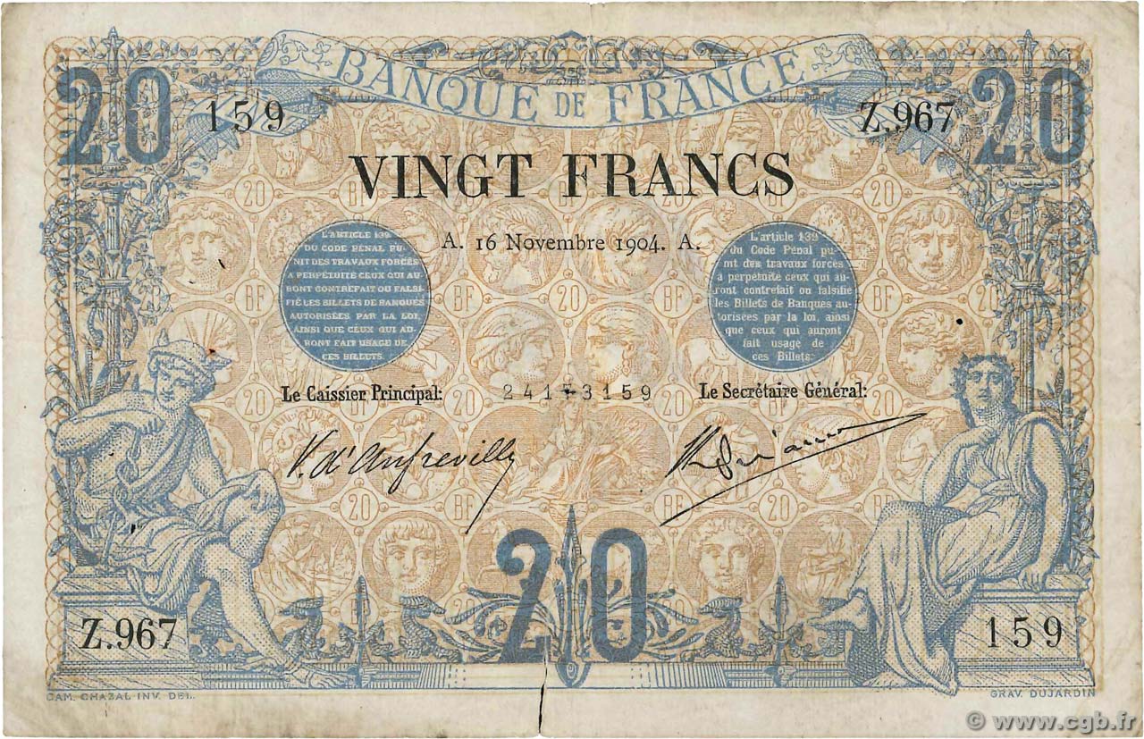 20 Francs NOIR FRANCE  1904 F.09.03 TB