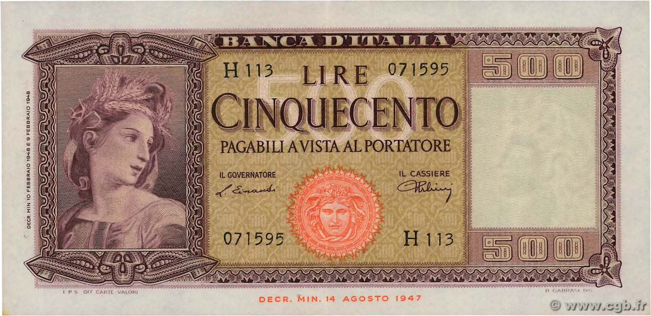 500 Lire ITALIE  1948 P.080a SUP