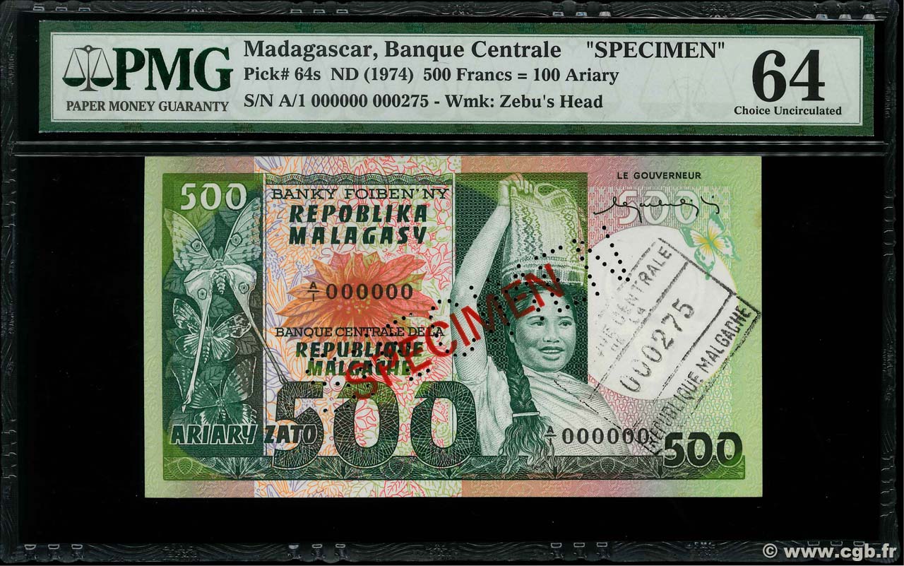 500 Francs - 100 Ariary Spécimen MADAGASKAR  1974 P.064s fST+