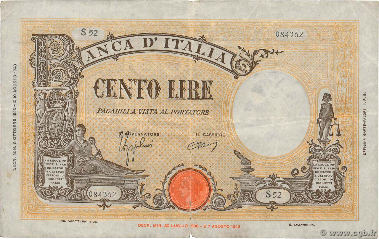 100 Lire ITALIA  1943 P.067a BC+