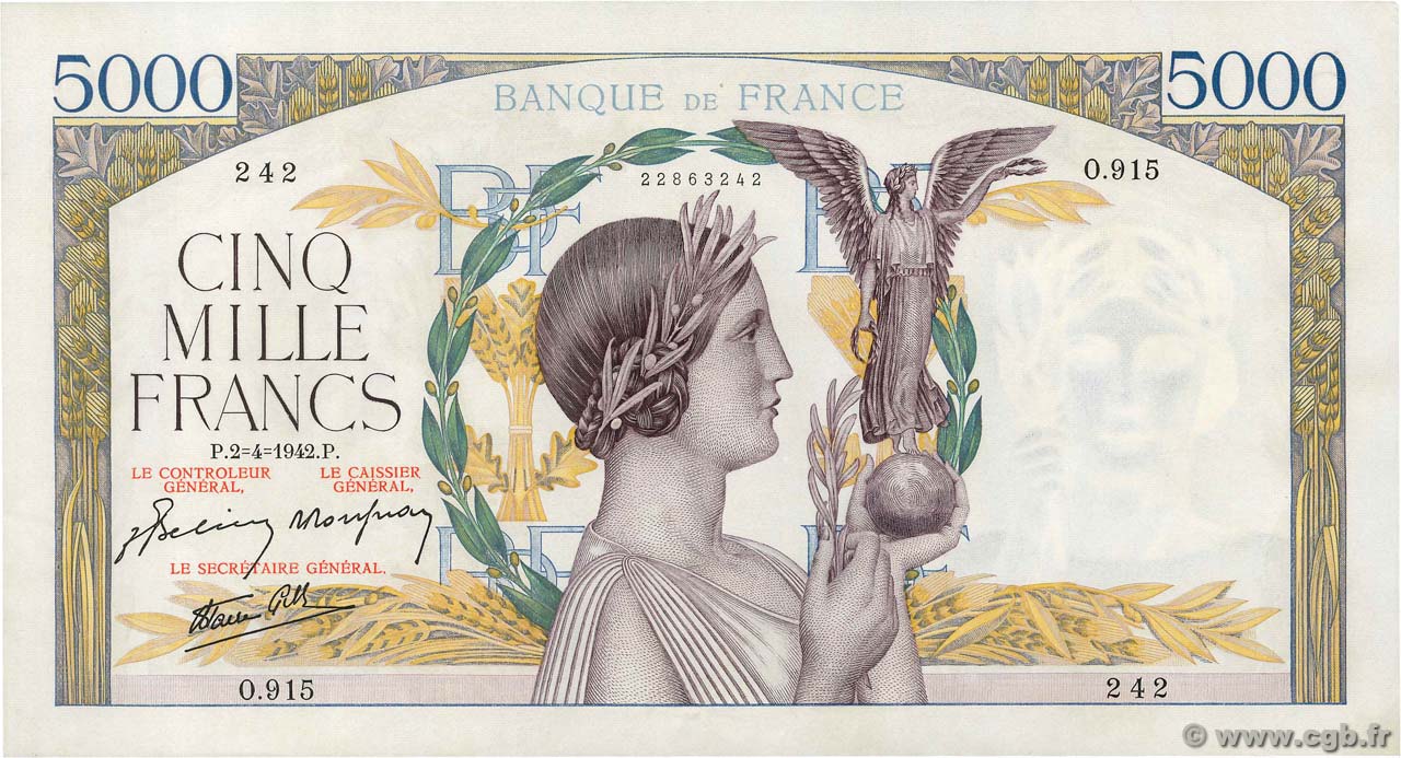 5000 Francs VICTOIRE Impression à plat FRANKREICH  1942 F.46.36 VZ+