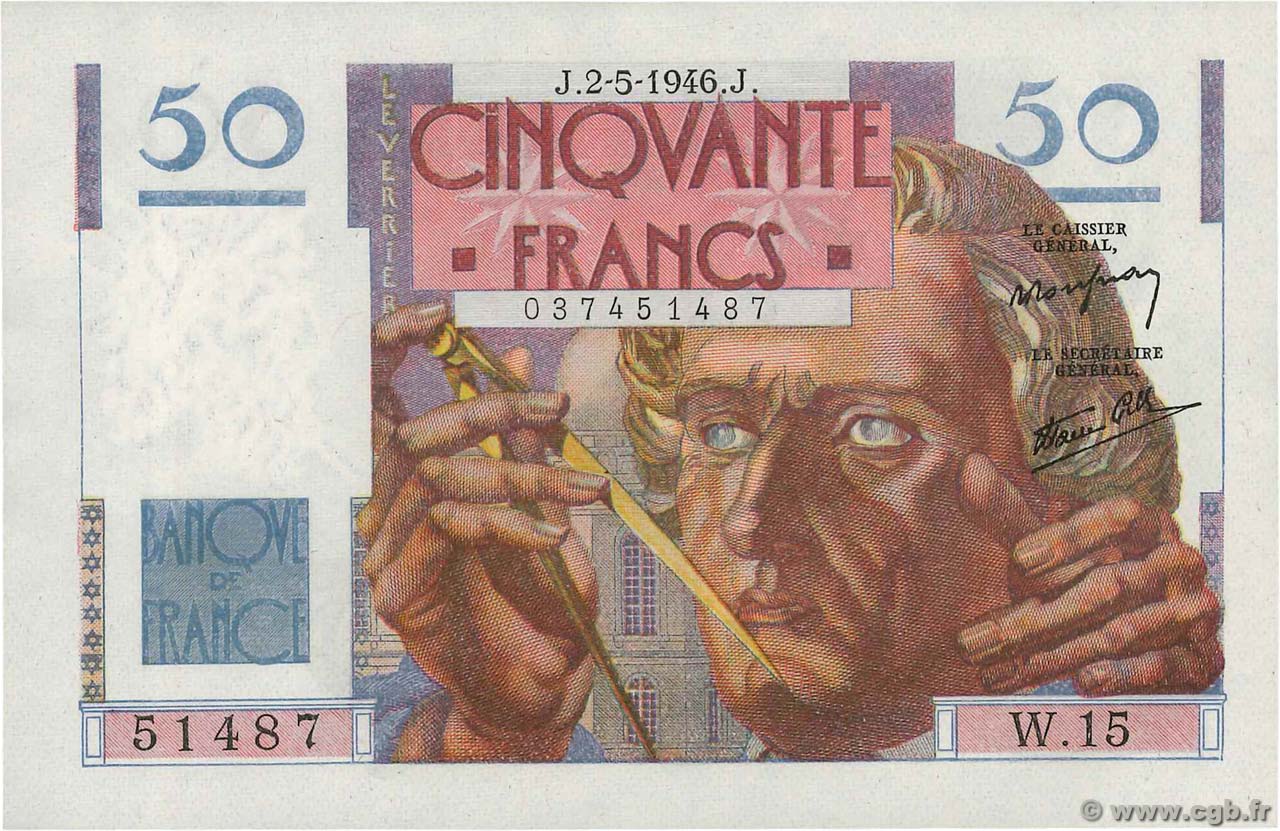 50 Francs LE VERRIER FRANCIA  1946 F.20.03 SC+