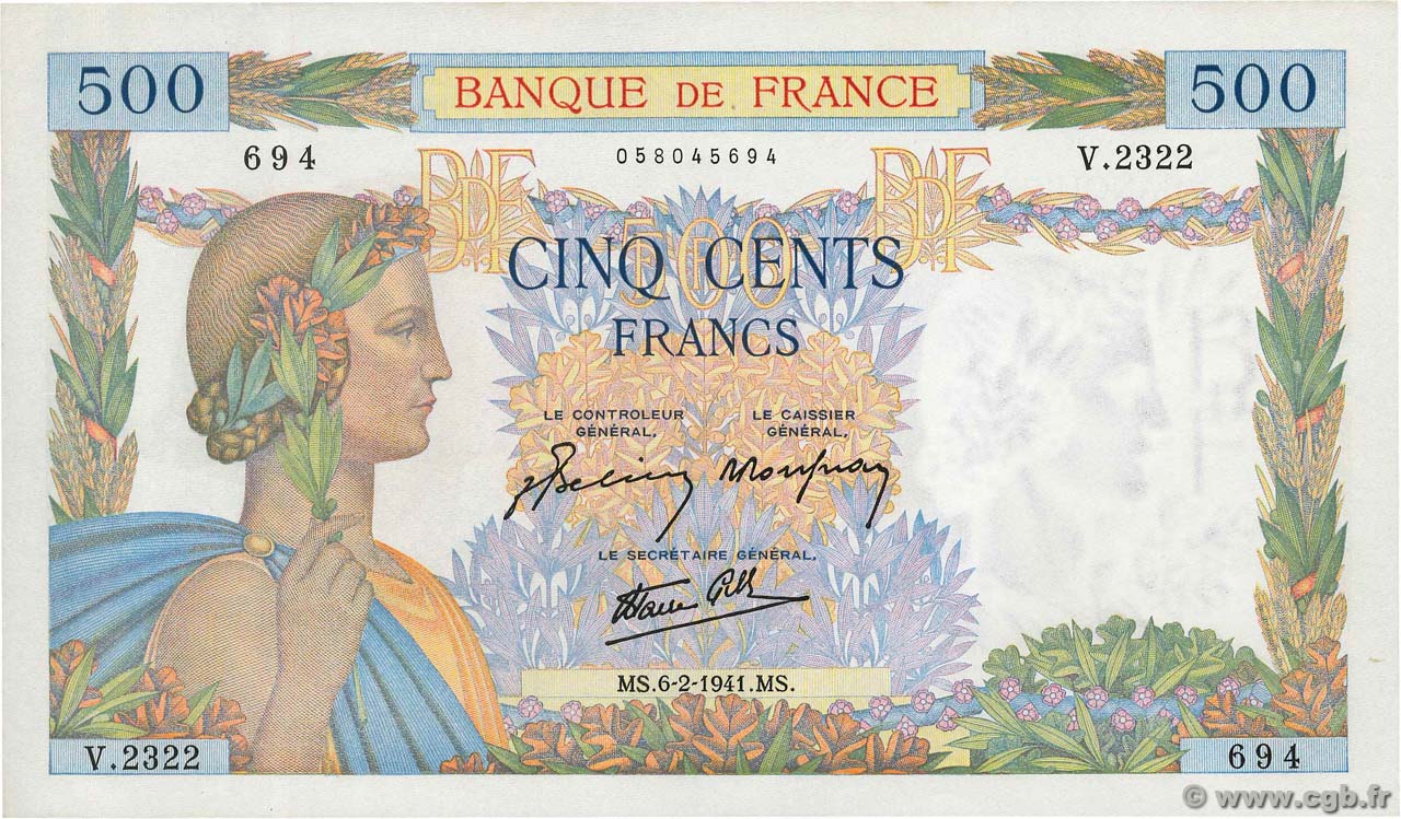 500 Francs LA PAIX FRANCE  1941 F.32.14 SPL