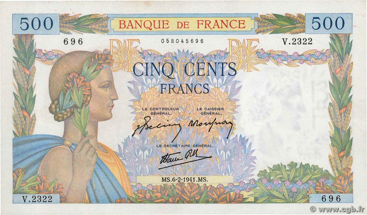 500 Francs LA PAIX FRANCE  1941 F.32.14 XF