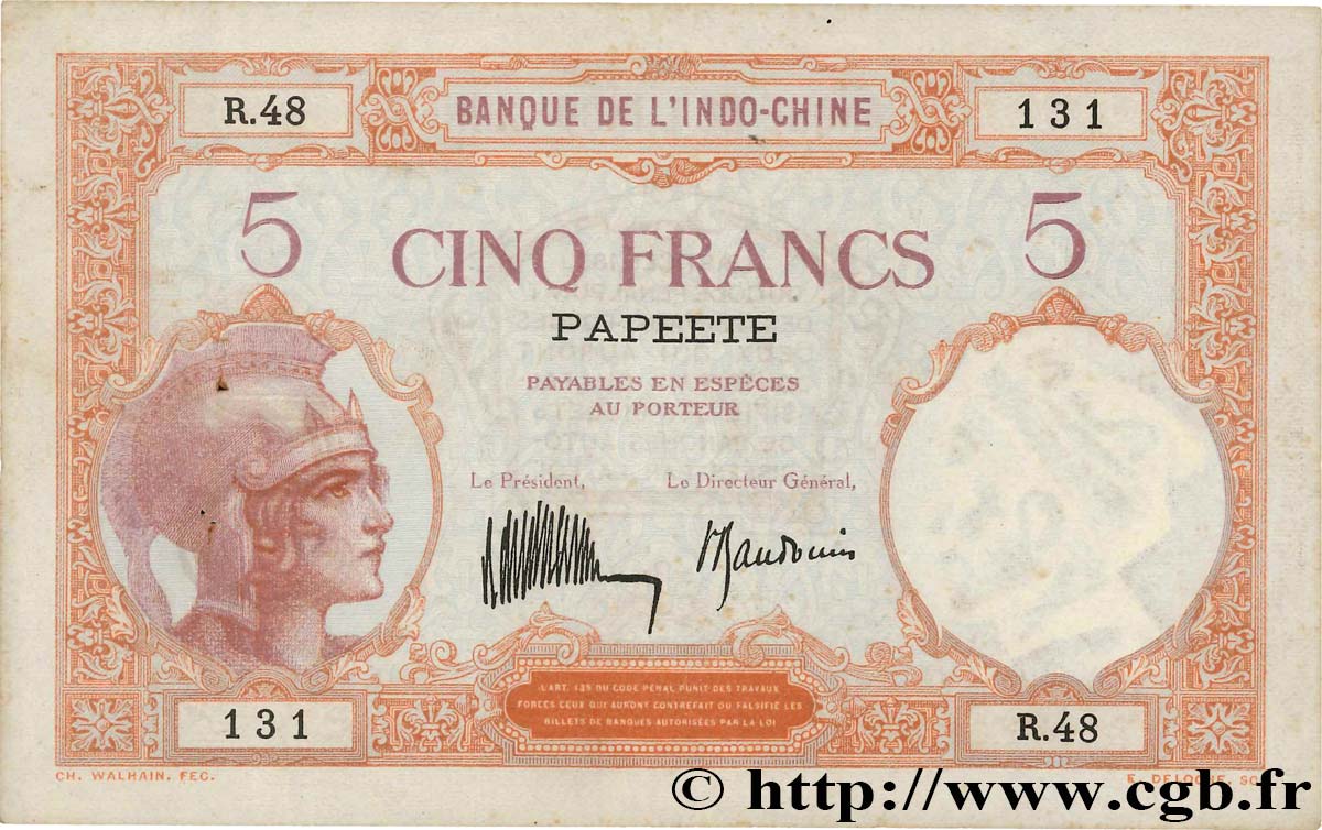 5 Francs TAHITI  1932 P.11b VF+