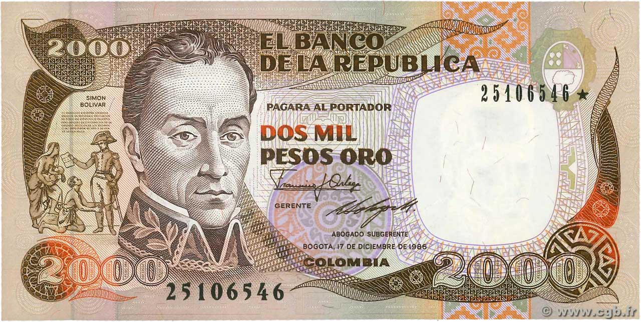 2000 Pesos Oro Remplacement COLOMBIE  1986 P.433ar NEUF
