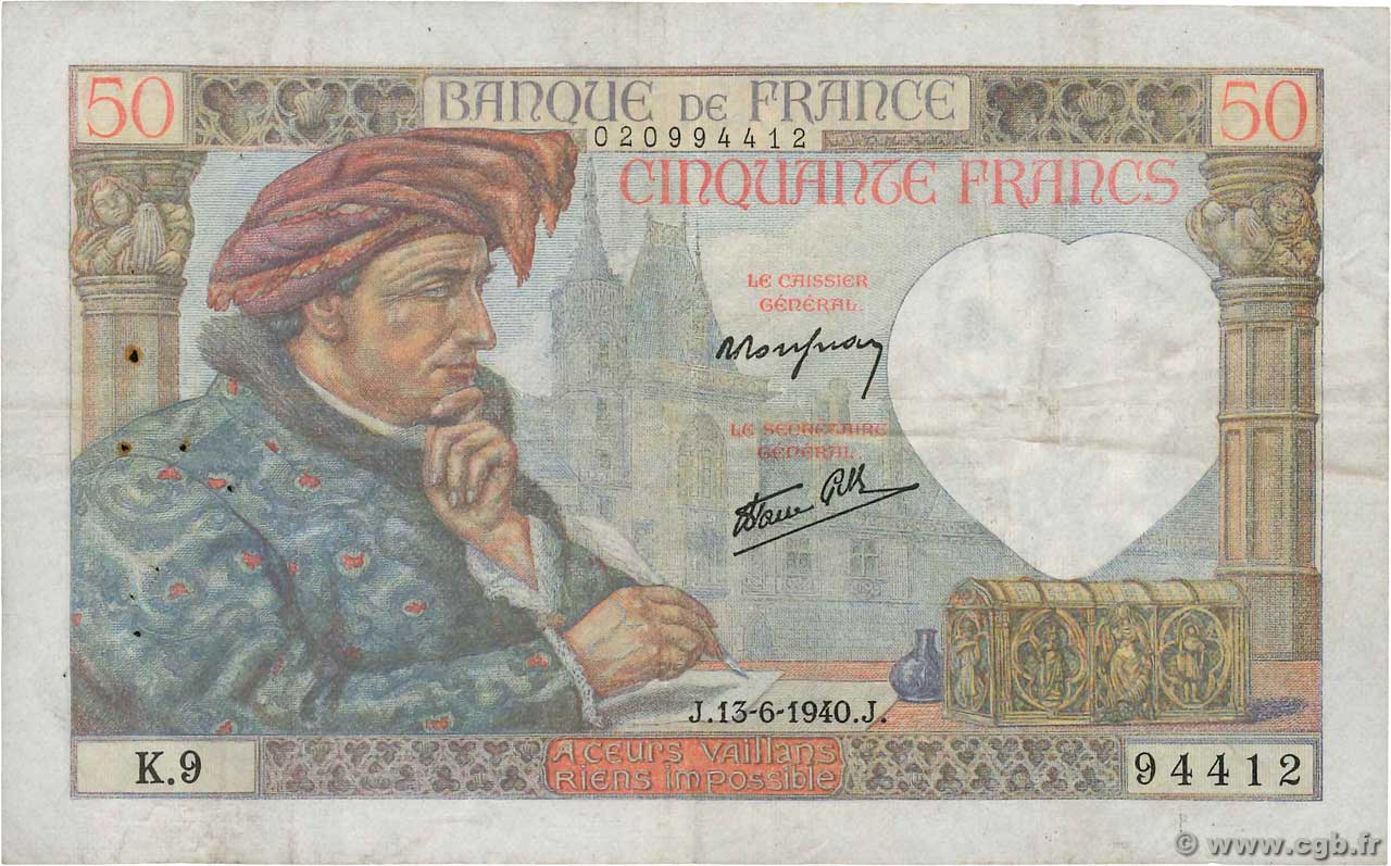 50 Francs JACQUES CŒUR FRANCE  1940 F.19.01 F+