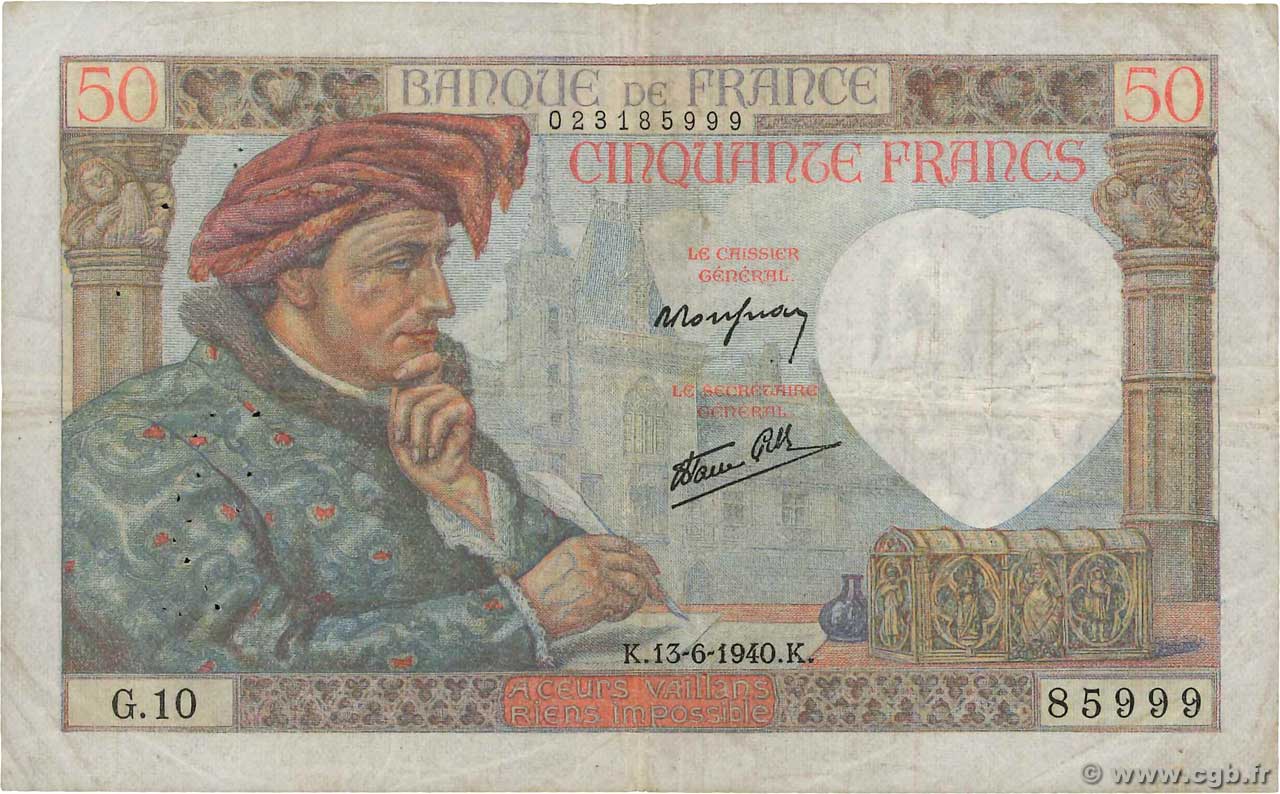 50 Francs JACQUES CŒUR FRANKREICH  1940 F.19.01 S