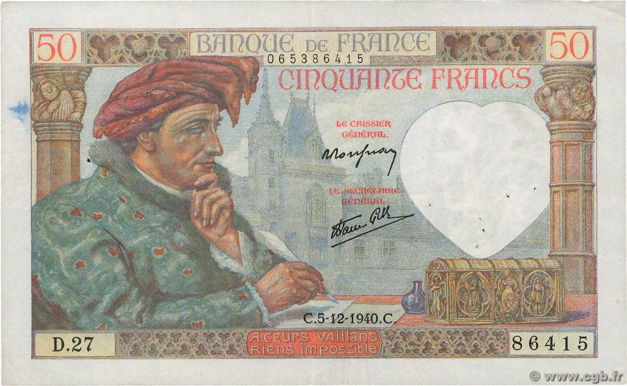 50 Francs JACQUES CŒUR  FRANCE  1940 F.19.04 TTB